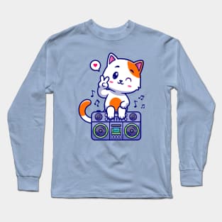 Cute Cat Sitting On Boombox Radio Cartoon Long Sleeve T-Shirt